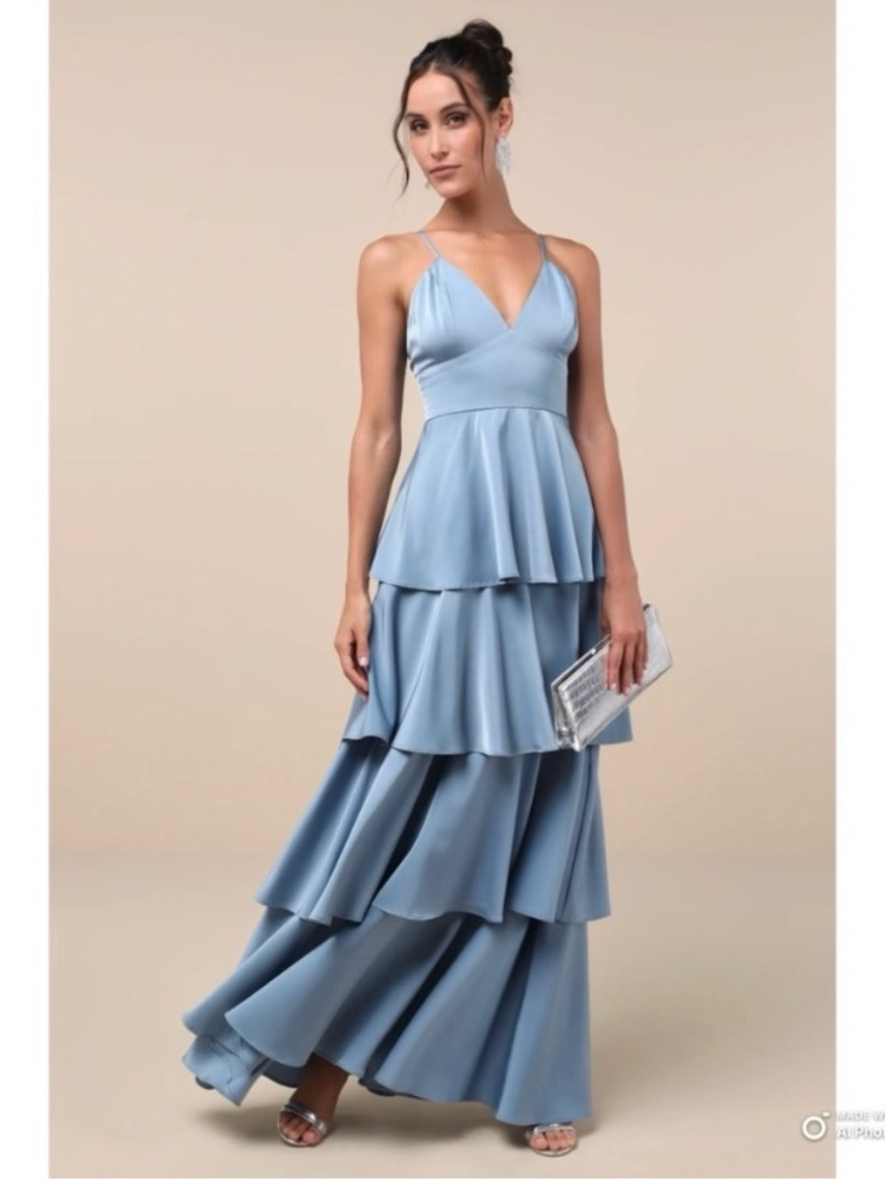 Lulus Medium Going With Elegance Slate Blue Satin Tiered Gown Maxi Dress NWT